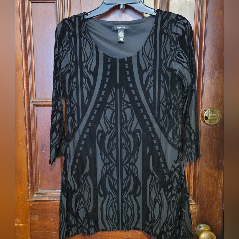 New Style & Co Womens Shirt Dress 3/4 Sleeve Black Velvet Burnout Size S